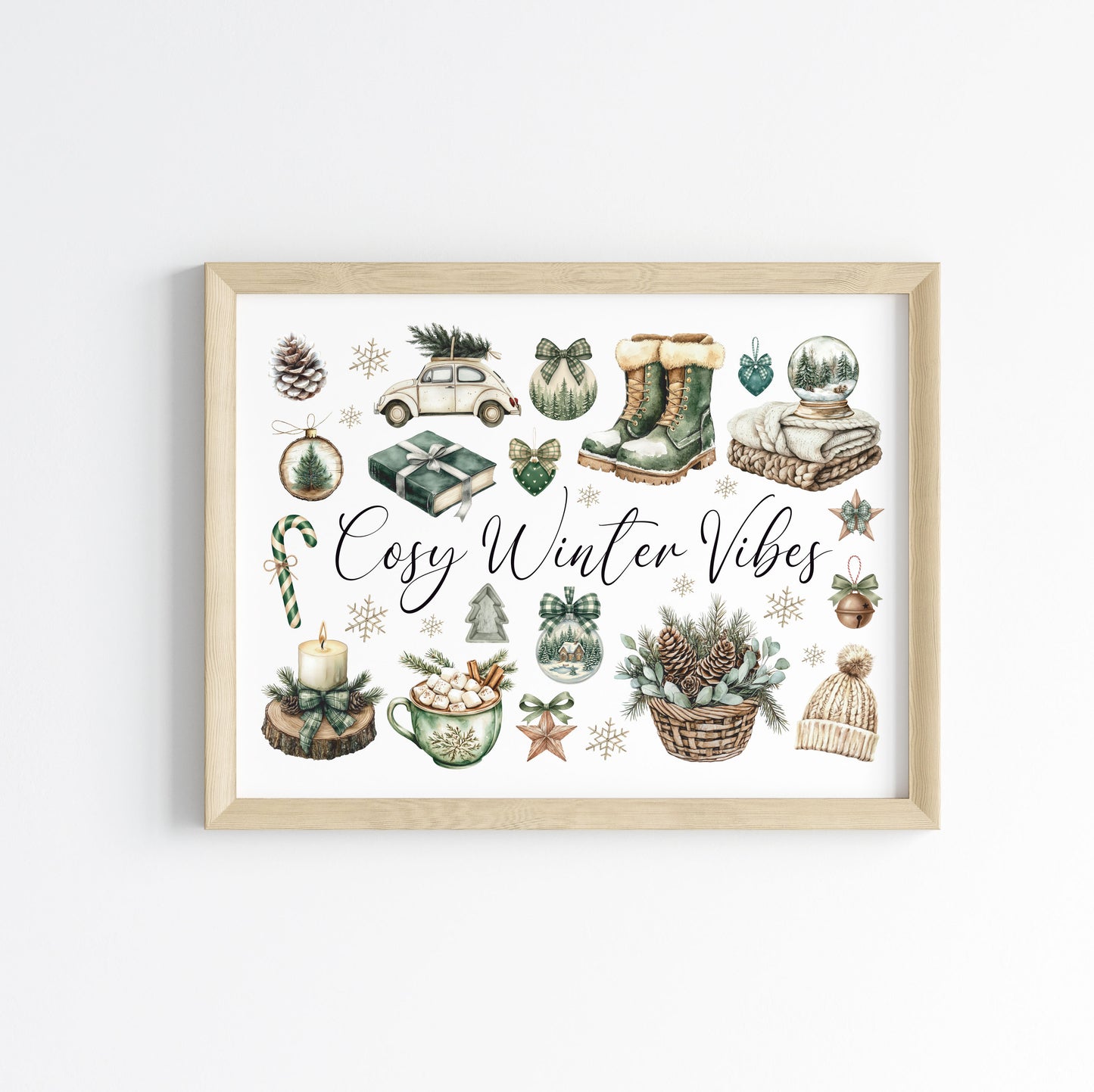Christmas Print Cosy Winter Vibes festive green & beige watercolour Wall Art (unframed)