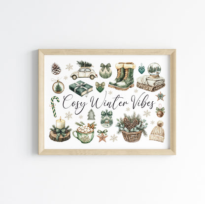 Christmas Print Cosy Winter Vibes festive green & beige watercolour Wall Art (unframed)