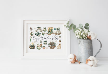 Christmas Print Cosy Winter Vibes festive green & beige watercolour Wall Art (unframed)