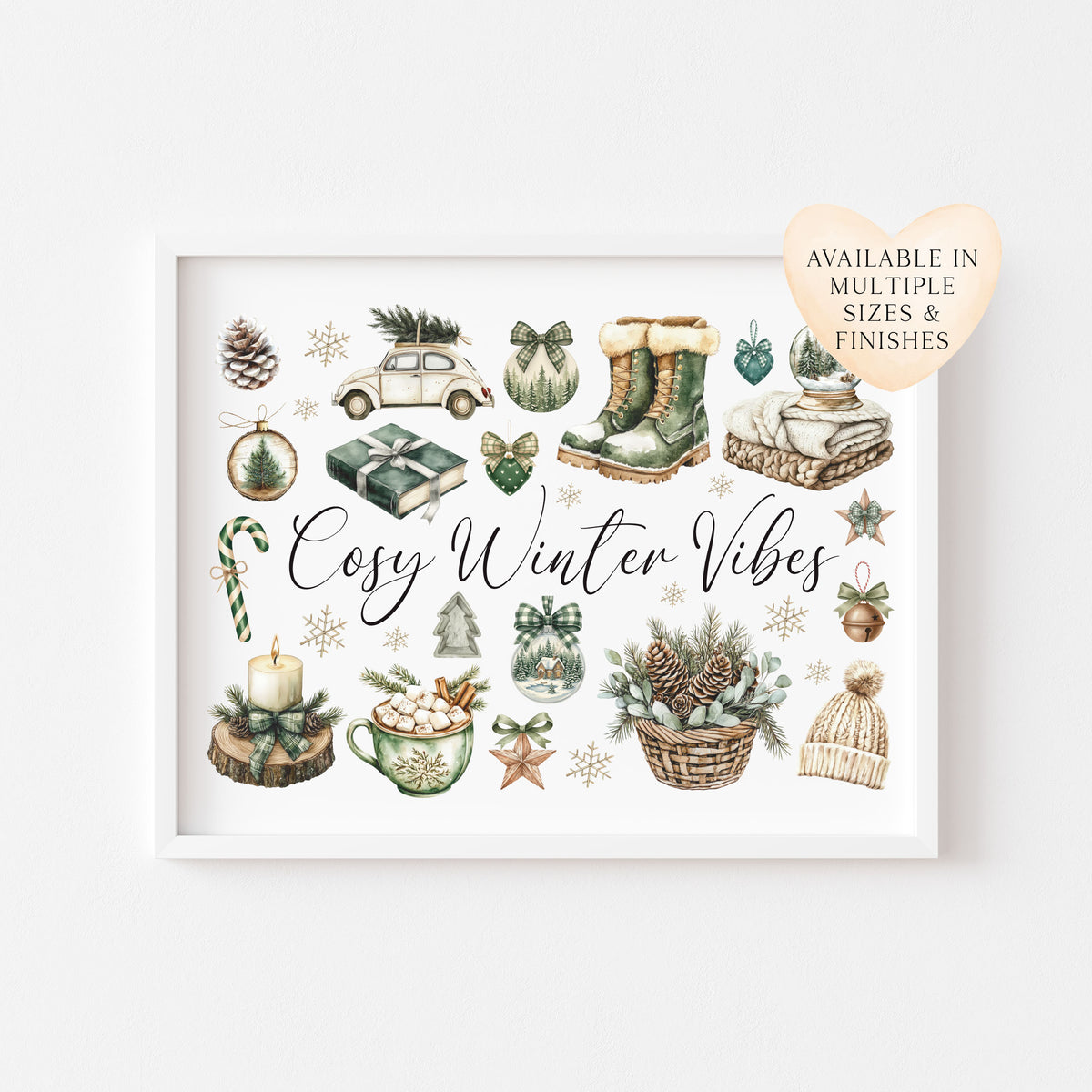 Christmas Print Cosy Winter Vibes festive green & beige watercolour Wall Art (unframed)