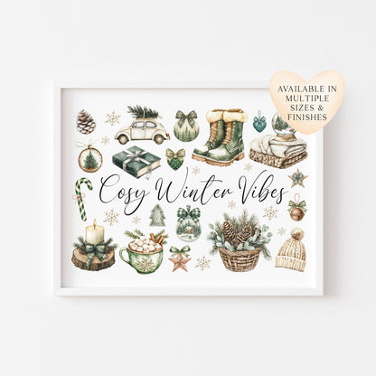 Christmas Print Cosy Winter Vibes festive green & beige watercolour Wall Art (unframed)