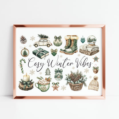 Christmas Print Cosy Winter Vibes festive green & beige watercolour Wall Art (unframed)