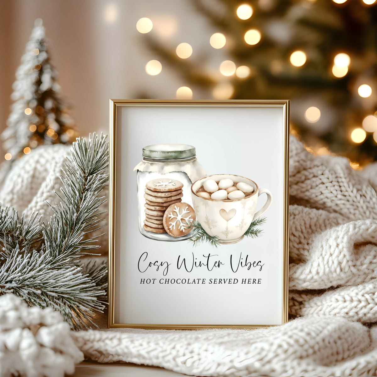 Hot Chocolate Station Print beige, green mug & Cookies Cosy seasonal Decor (unframed)