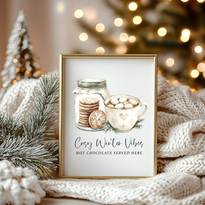 Hot Chocolate Station Print beige, green mug & Cookies Cosy seasonal Decor (unframed)