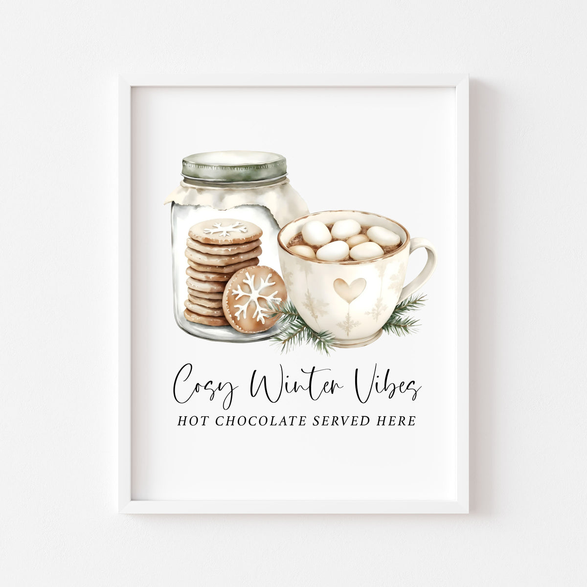 Hot Chocolate Station Print beige, green mug & Cookies Cosy seasonal Decor (unframed)