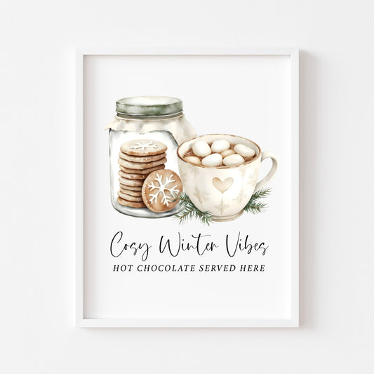 Hot Chocolate Station Print beige, green mug & Cookies Cosy seasonal Decor (unframed)