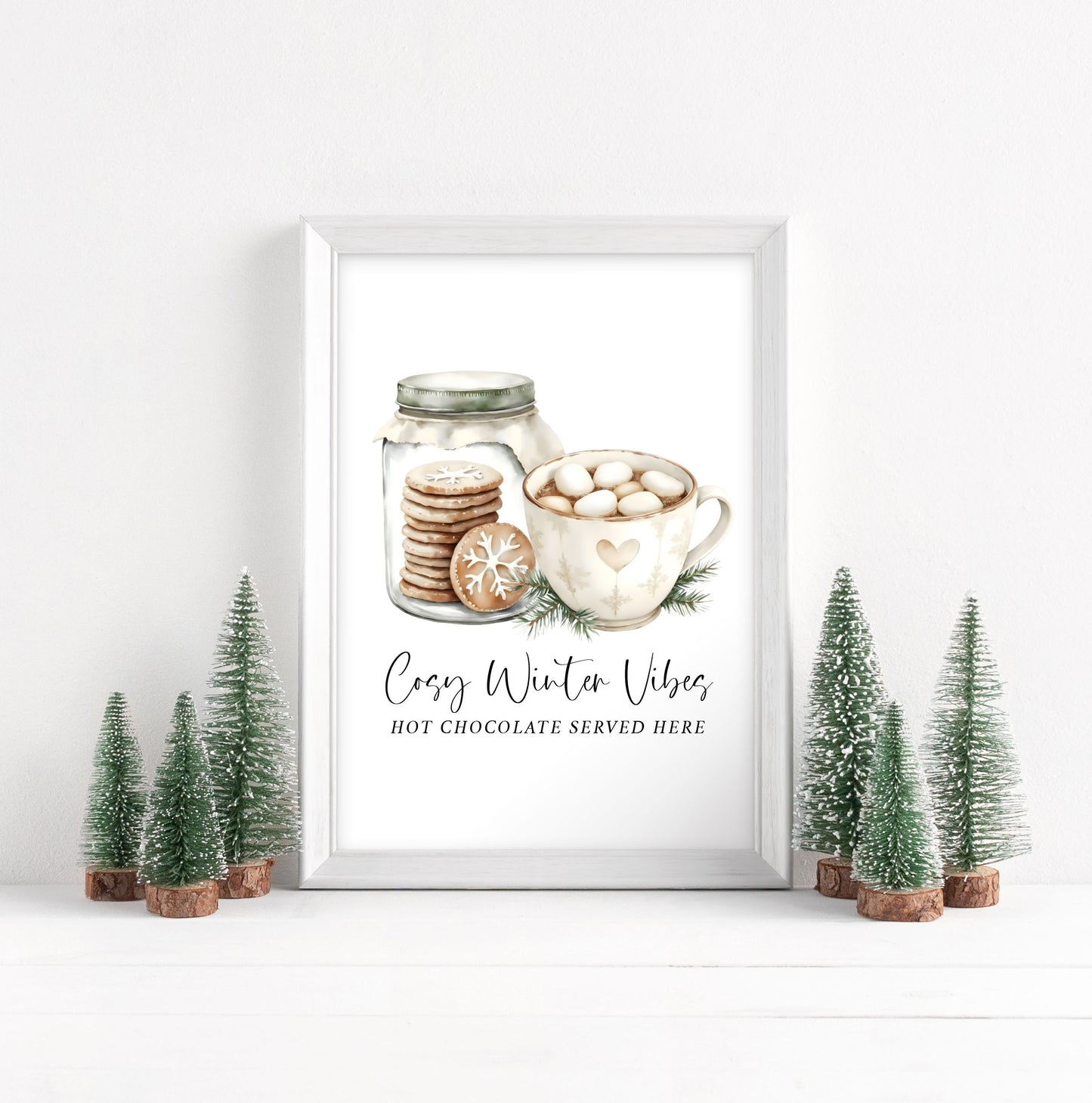Hot Chocolate Station Print beige, green mug & Cookies Cosy seasonal Decor (unframed)