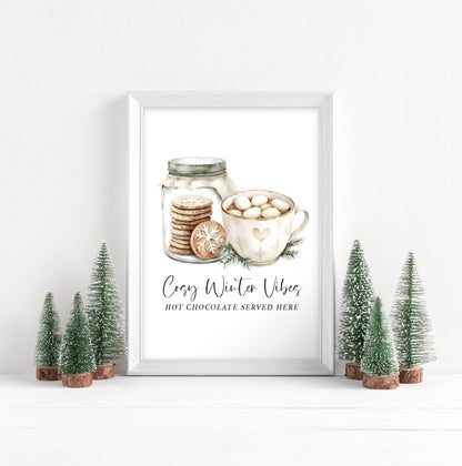 Hot Chocolate Station Print beige, green mug & Cookies Cosy seasonal Decor (unframed)