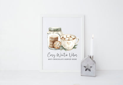Hot Chocolate Station Print beige, green mug & Cookies Cosy seasonal Decor (unframed)