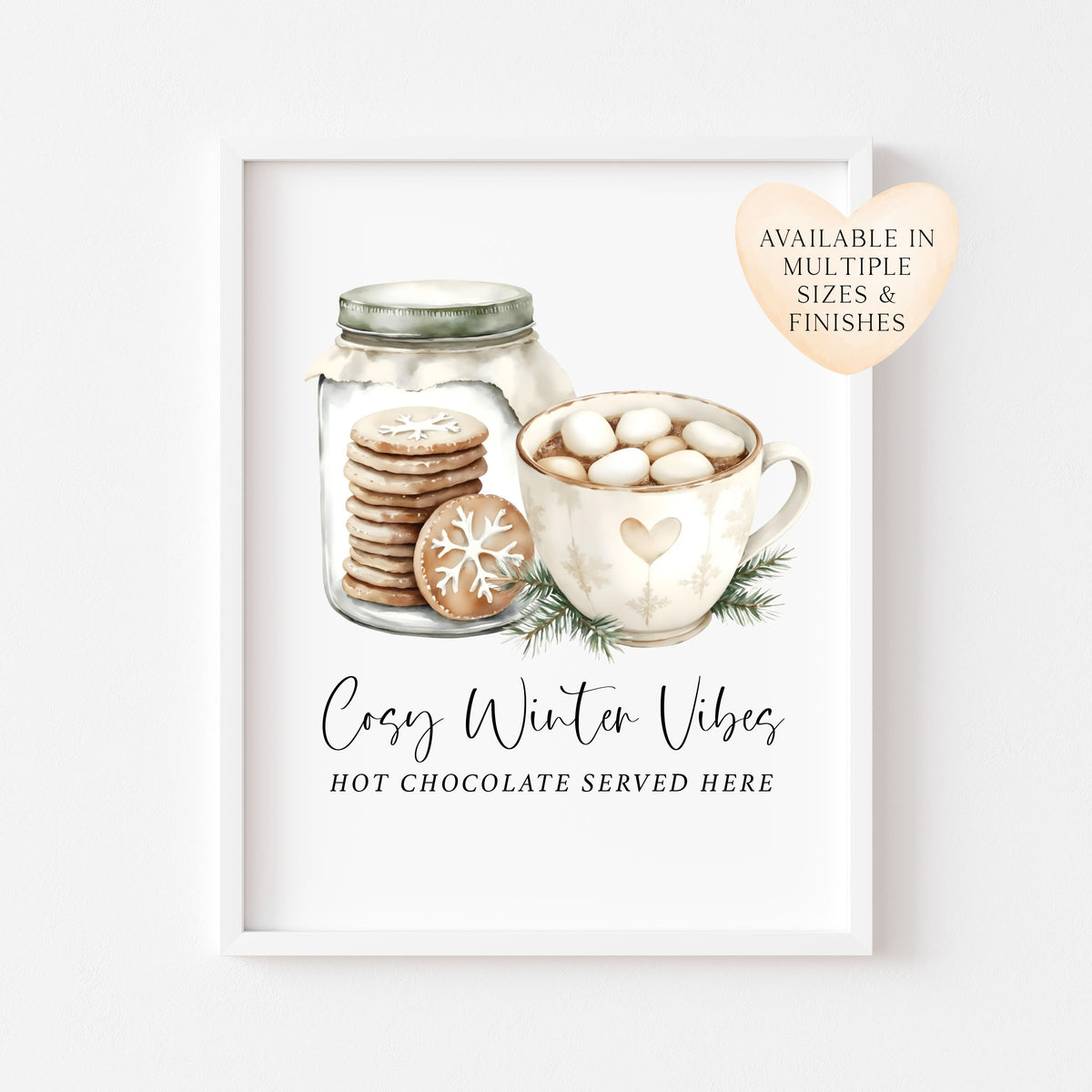 Hot Chocolate Station Print beige, green mug & Cookies Cosy seasonal Decor (unframed)