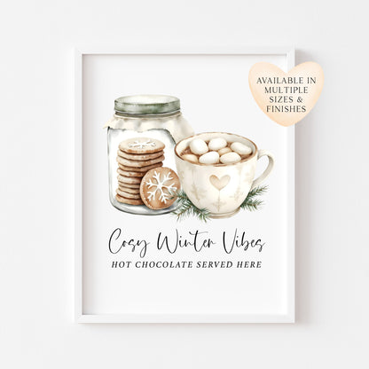 Hot Chocolate Station Print beige, green mug & Cookies Cosy seasonal Decor (unframed)