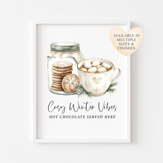 Hot Chocolate Station Print beige, green mug & Cookies Cosy seasonal Decor (unframed)