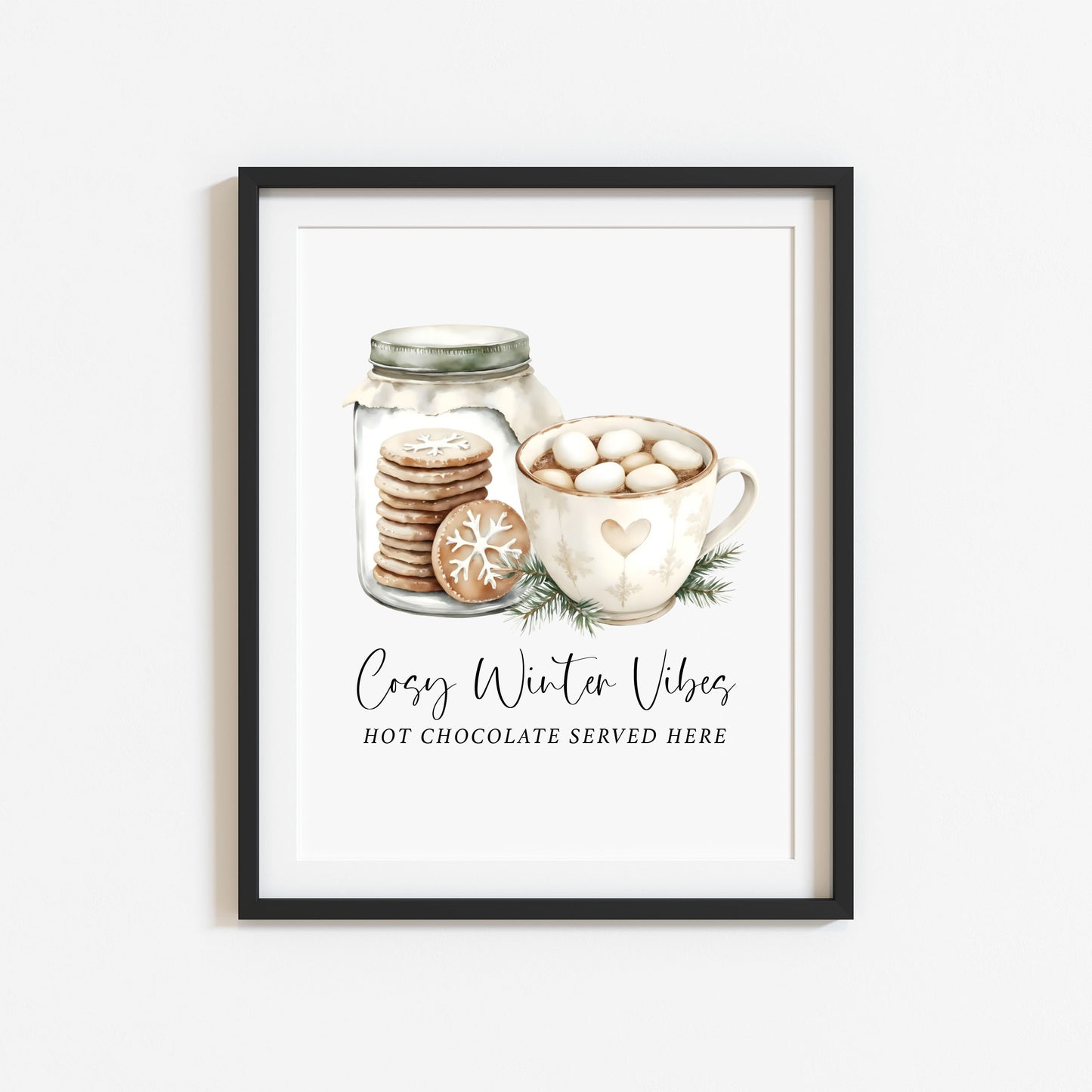 Hot Chocolate Station Print beige, green mug & Cookies Cosy seasonal Decor (unframed)