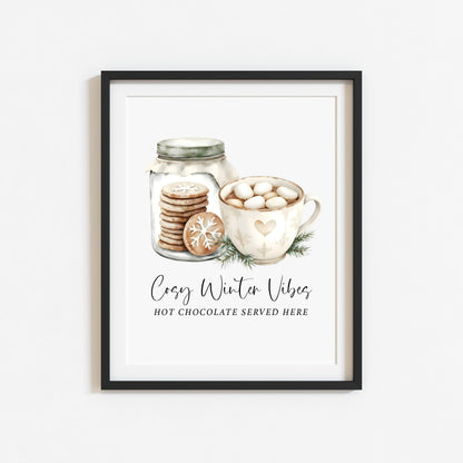 Hot Chocolate Station Print beige, green mug & Cookies Cosy seasonal Decor (unframed)