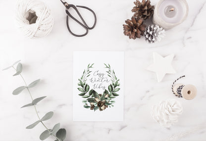 Cosy winter Vibes watercolour Christmas foliage pinecone wreath seasonal unframed wall art poster print