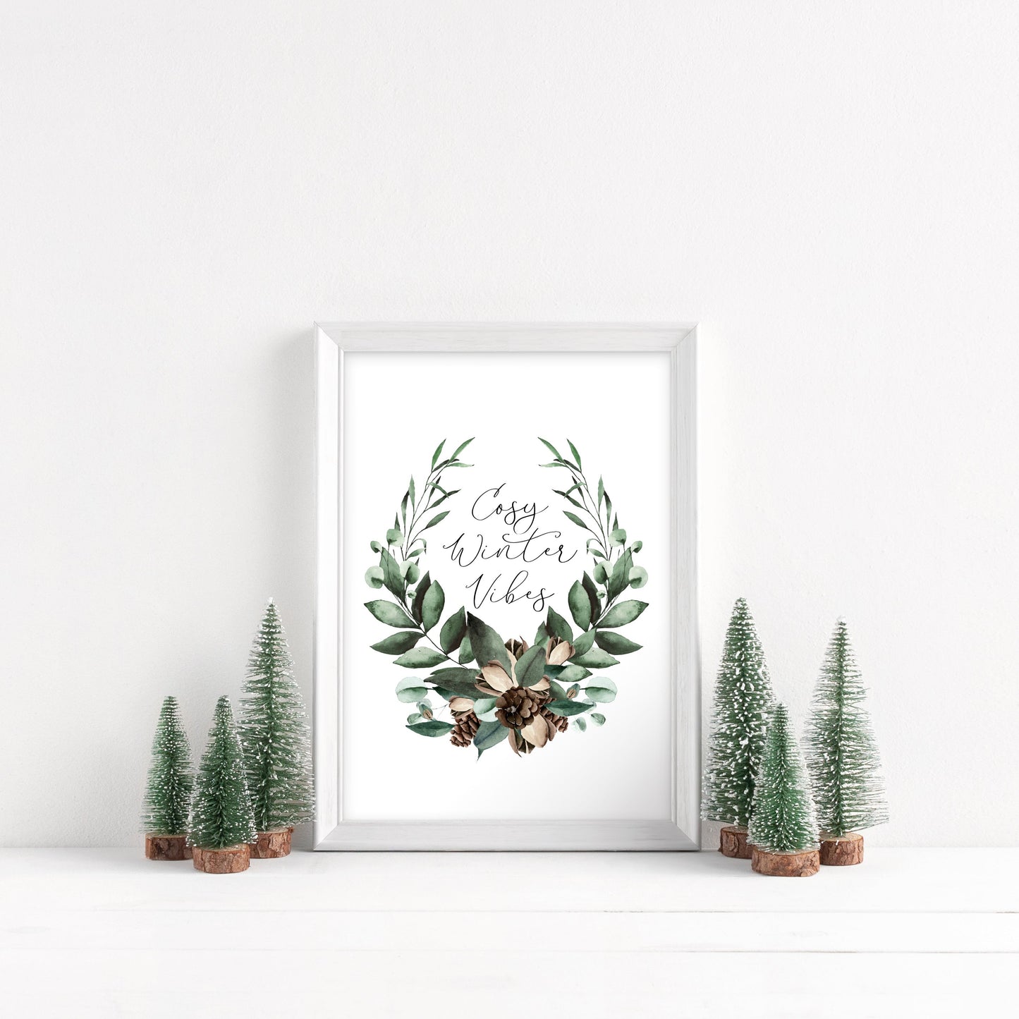 Cosy winter Vibes watercolour Christmas foliage pinecone wreath seasonal unframed wall art poster print