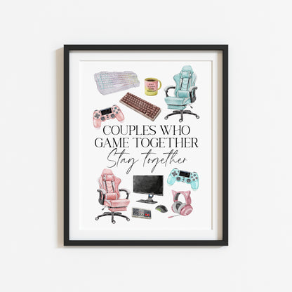 Couples who game together, stay together watercolour gaming accessories bedroom valentines unframed wall art poster print