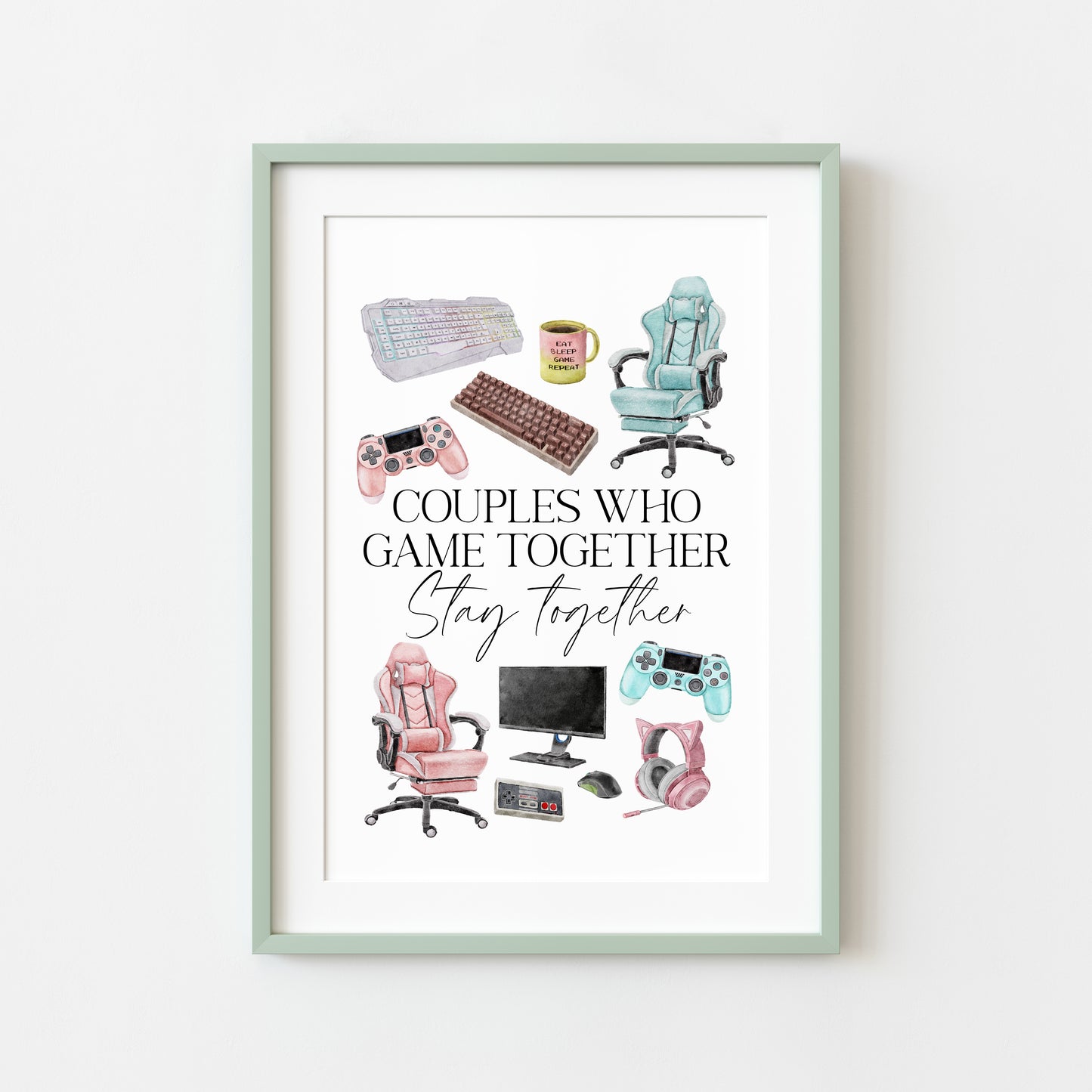 Couples who game together, stay together watercolour gaming accessories bedroom valentines unframed wall art poster print