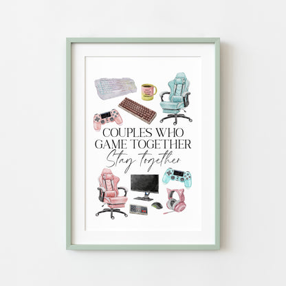 Couples who game together, stay together watercolour gaming accessories bedroom valentines unframed wall art poster print