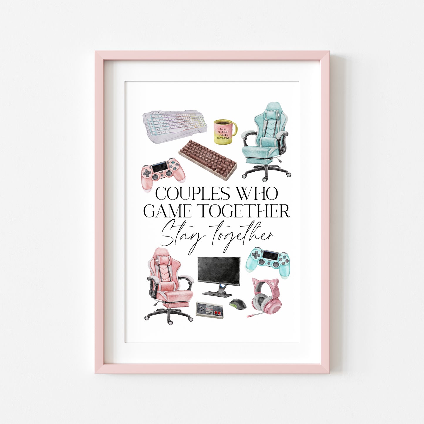 Couples who game together, stay together watercolour gaming accessories bedroom valentines unframed wall art poster print