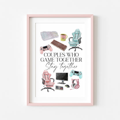 Couples who game together, stay together watercolour gaming accessories bedroom valentines unframed wall art poster print