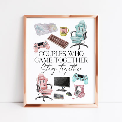 Couples who game together, stay together watercolour gaming accessories bedroom valentines unframed wall art poster print