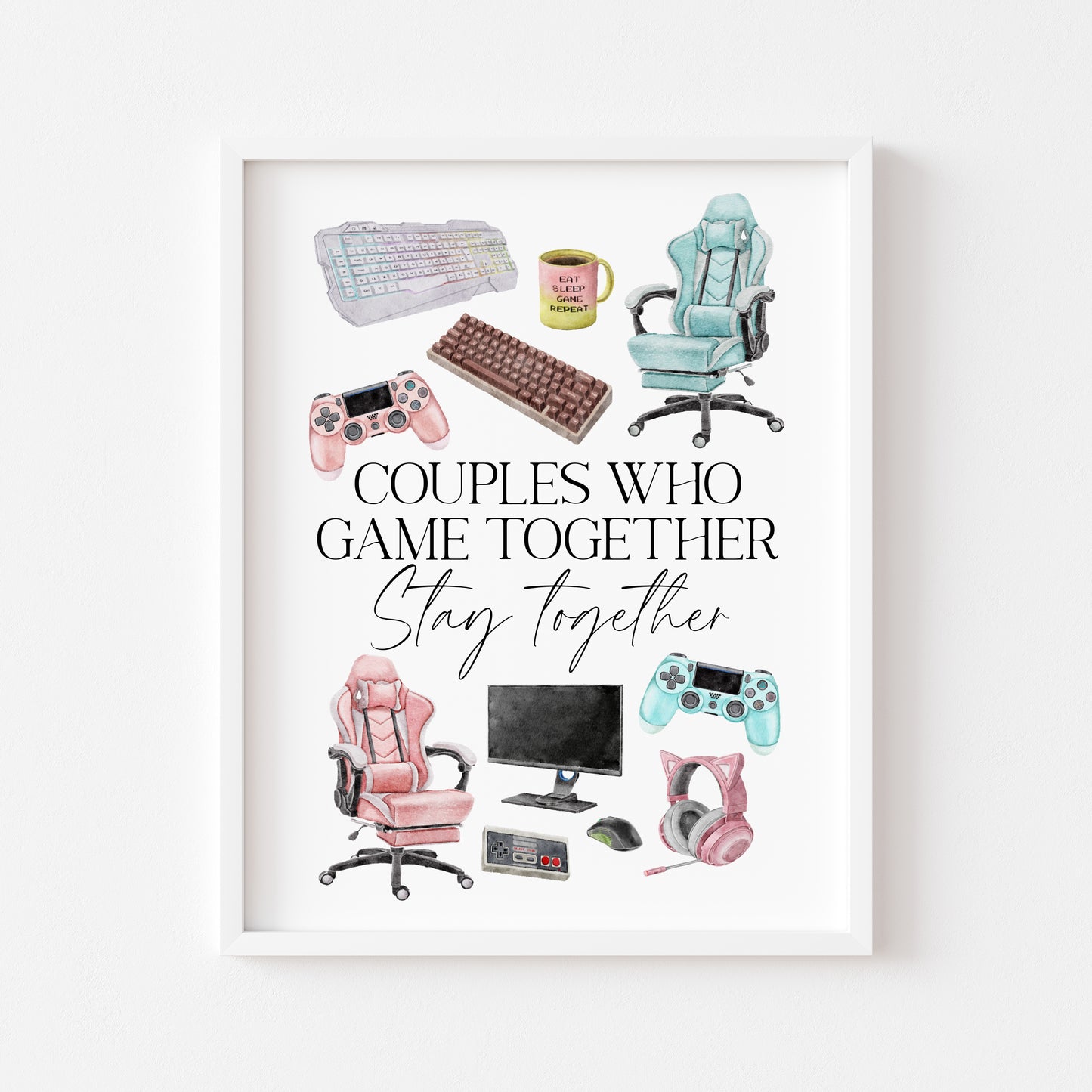 Couples who game together, stay together watercolour gaming accessories bedroom valentines unframed wall art poster print