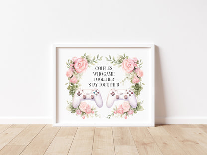 Couples gaming Print pink roses valentines Gaming Room Decor (Unframed)
