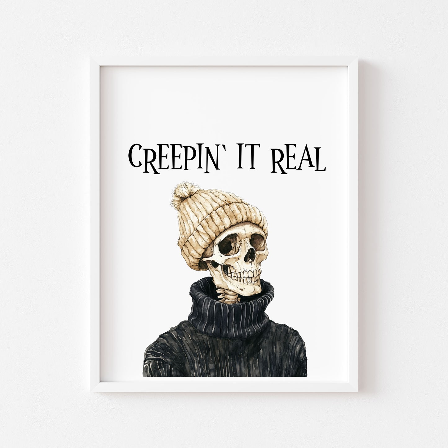 Creepin it Real Halloween Skeleton Black Jumper Print Poster, Spooky Wall Art (unframed)