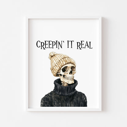 Creepin it Real Halloween Skeleton Black Jumper Print Poster, Spooky Wall Art (unframed)
