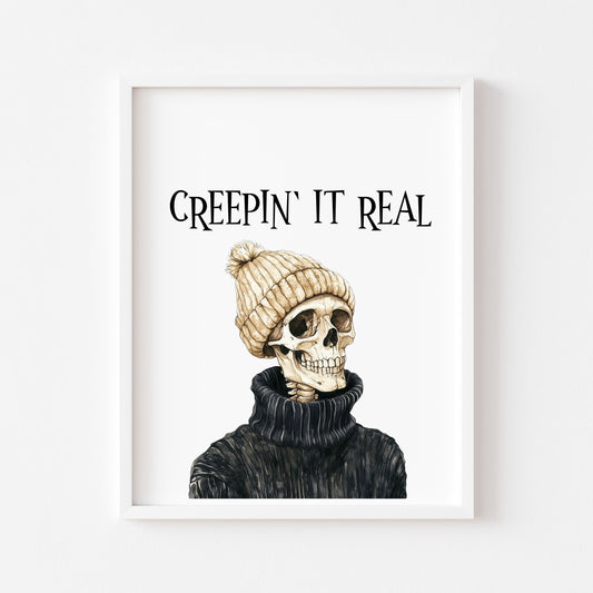 Creepin it Real Halloween Skeleton Black Jumper Print Poster, Spooky Wall Art (unframed)