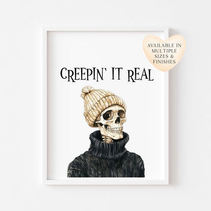 Creepin it Real Halloween Skeleton Black Jumper Print Poster, Spooky Wall Art (unframed)
