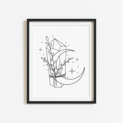 Bedroom print, Half moon crystal floral celestial bedroom unframed wall art poster print