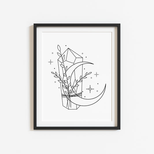 Bedroom print, Half moon crystal floral celestial bedroom unframed wall art poster print