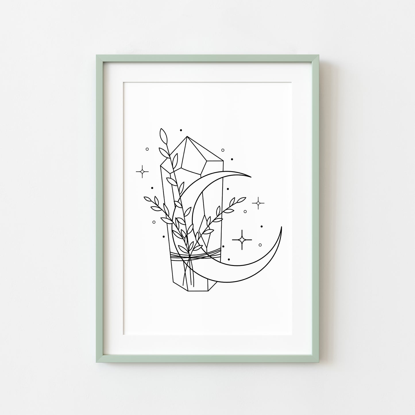 Botanical crystal celestial magical moon phase line drawing motivational bedroom office unframed wall art print, gift ideas, wall art prints