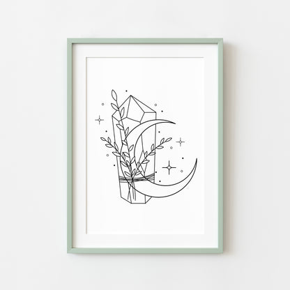 Botanical crystal celestial magical moon phase line drawing motivational bedroom office unframed wall art print, gift ideas, wall art prints