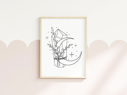 Botanical crystal celestial magical moon phase line drawing motivational bedroom office unframed wall art print, gift ideas, wall art prints