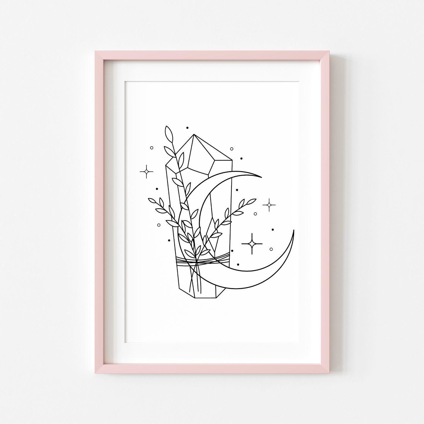 Botanical crystal celestial magical moon phase line drawing motivational bedroom office unframed wall art print, gift ideas, wall art prints