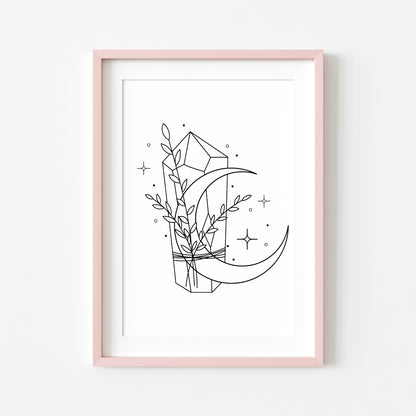 Botanical crystal celestial magical moon phase line drawing motivational bedroom office unframed wall art print, gift ideas, wall art prints