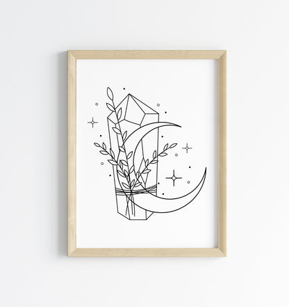 Bedroom print, Half moon crystal floral celestial bedroom unframed wall art poster print