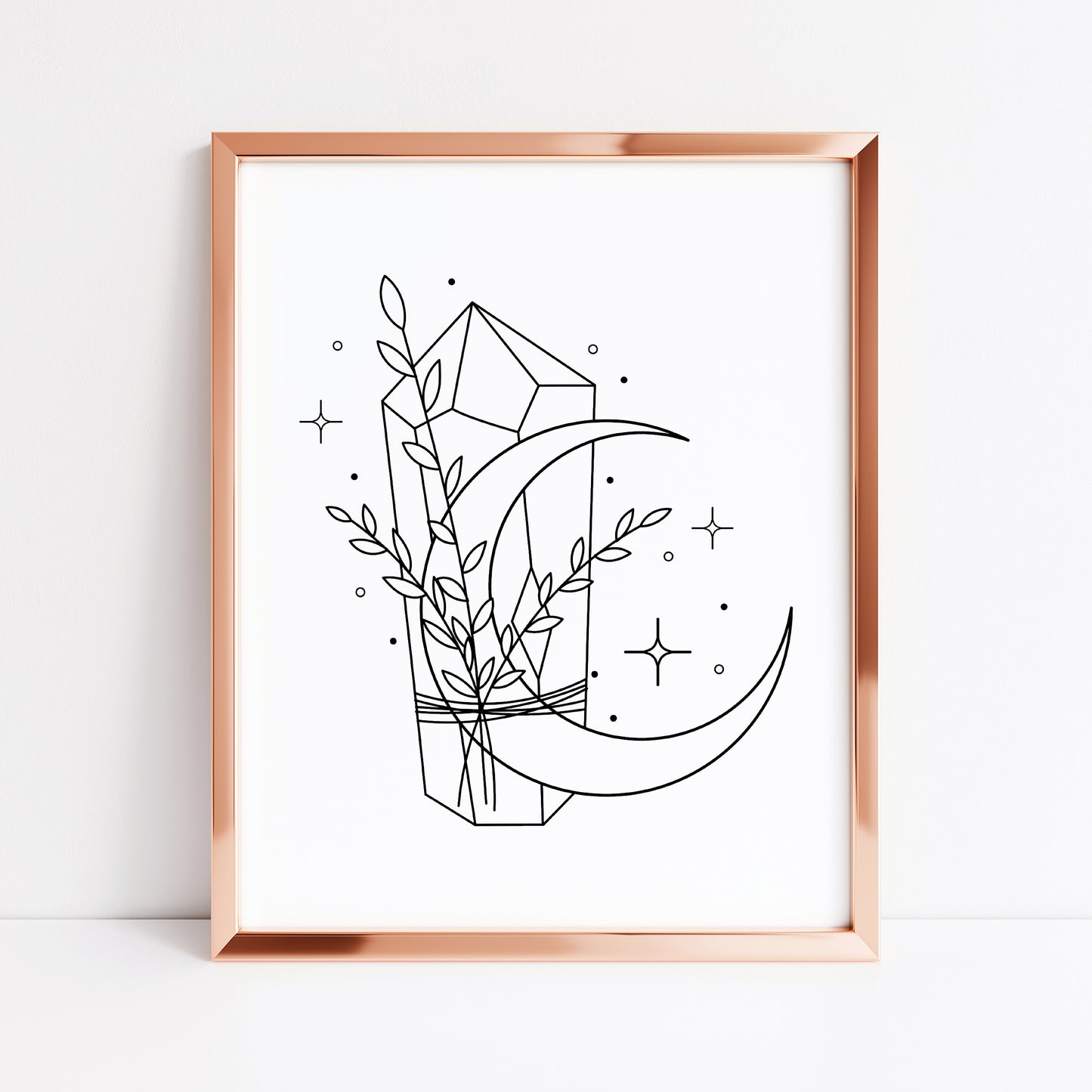 Botanical crystal celestial magical moon phase line drawing motivational bedroom office unframed wall art print, gift ideas, wall art prints