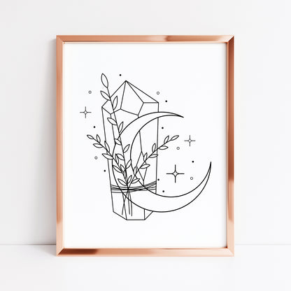 Bedroom print, Half moon crystal floral celestial bedroom unframed wall art poster print