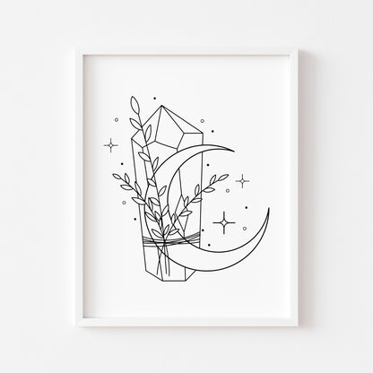 Botanical crystal celestial magical moon phase line drawing motivational bedroom office unframed wall art print, gift ideas, wall art prints