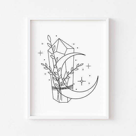 Botanical crystal celestial magical moon phase line drawing motivational bedroom office unframed wall art print, gift ideas, wall art prints