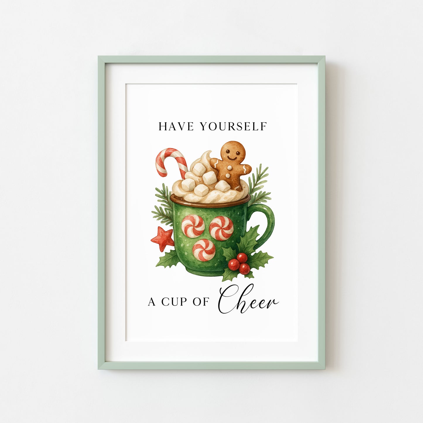 Christmas Print Cup of cheer vintage Red  & Green watercolour hot drinks Wall Art (unframed)