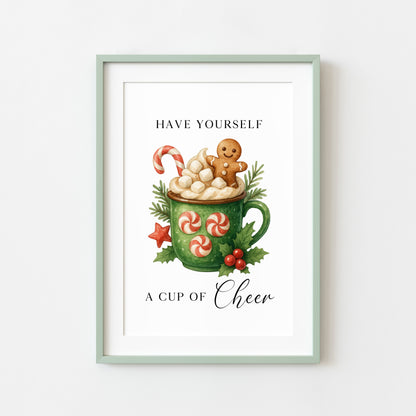 Christmas Print Cup of cheer vintage Red  & Green watercolour hot drinks Wall Art (unframed)