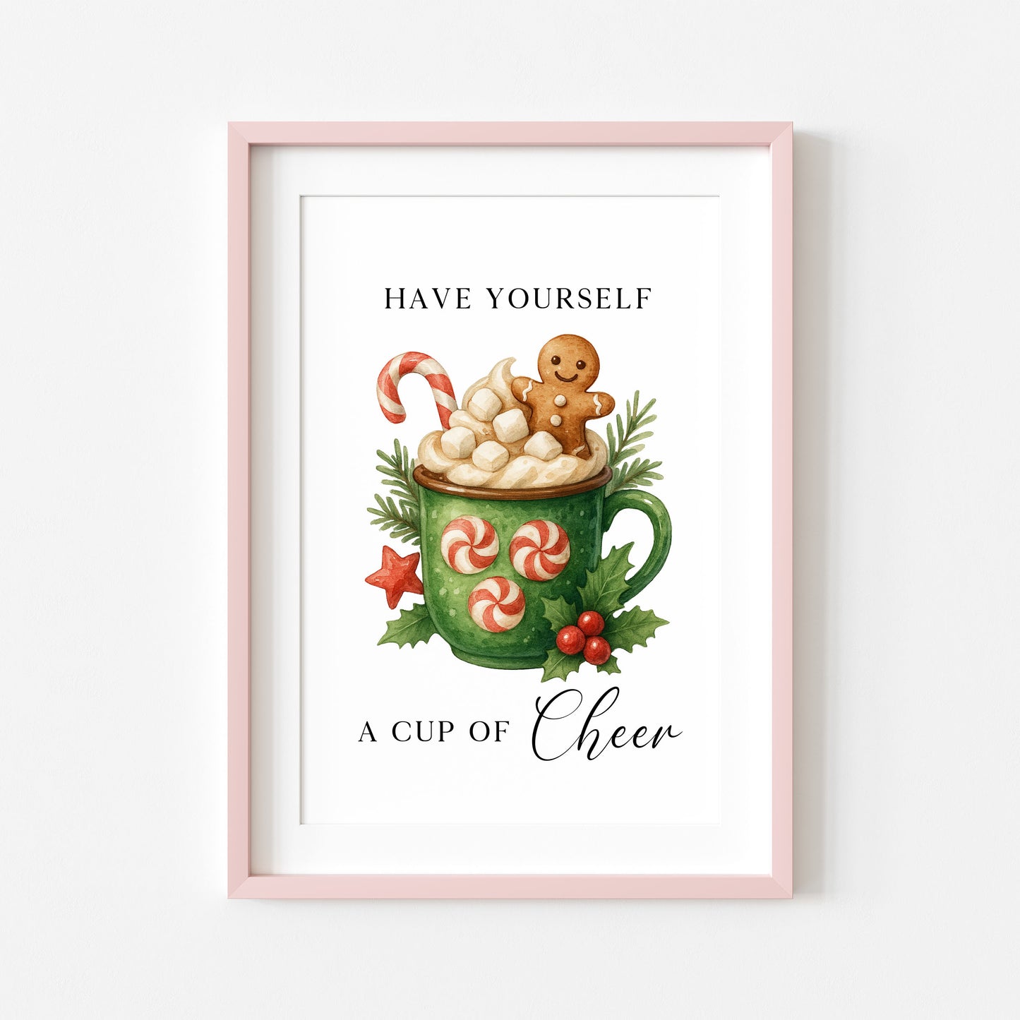 Christmas Print Cup of cheer vintage Red  & Green watercolour hot drinks Wall Art (unframed)