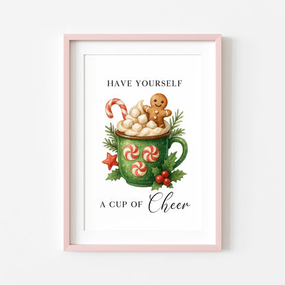 Christmas Print Cup of cheer vintage Red  & Green watercolour hot drinks Wall Art (unframed)
