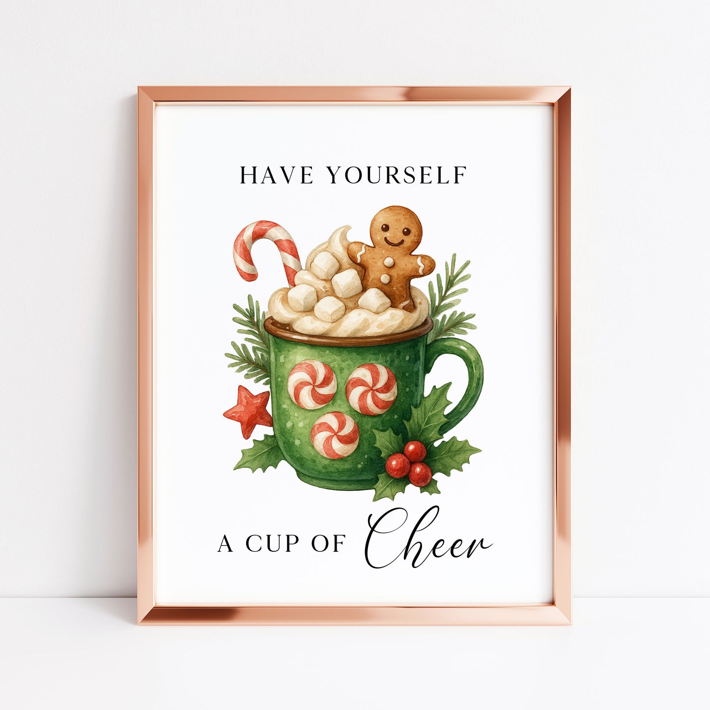 Christmas Print Cup of cheer vintage Red  & Green watercolour hot drinks Wall Art (unframed)