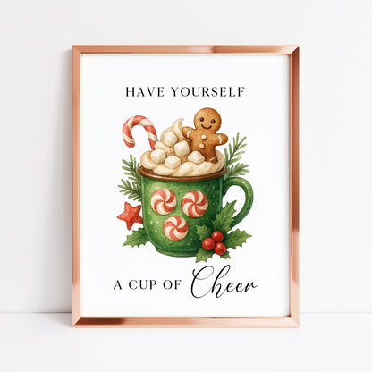Christmas Print Cup of cheer vintage Red  & Green watercolour hot drinks Wall Art (unframed)
